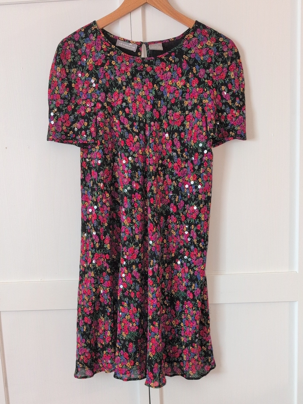 Vintage 90s Liz Claiborne Petite Dress Black Floral Crepe Sequin Midi Dress Sz 8